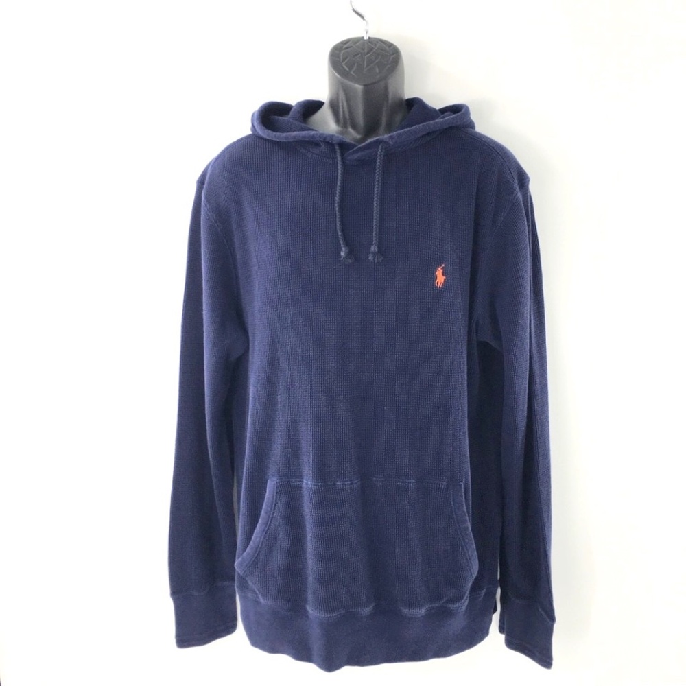Polo Ralph Lauren Mens Shirt Long Sleeve Waffle Knit Hooded Blue Orange Sz XL